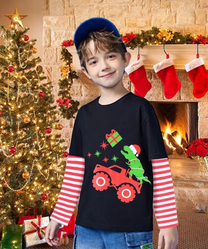 Vista 2 de Camisetas de Navidad para niños y niñas, camisetas de dinosaurio a rayas, camiseta de manga larga para niños, camiseta de camión para niños