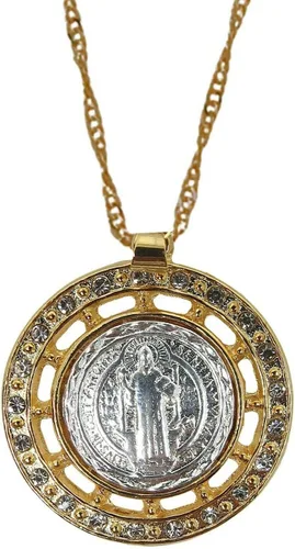 Vista 2 de El mundo cristiano de San Benito colgante con tono dorado y collar de recuerdo de medalla en tono plateado, vbn-fh-233