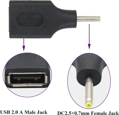 Vista 2 de Paquete de 2 adaptadores de corriente CC de 2.5 × 0.028 in a USB CC USB 2.0 A hembra a CC 2.5 × 0.028 in macho 5 V CC conector de barril de carga