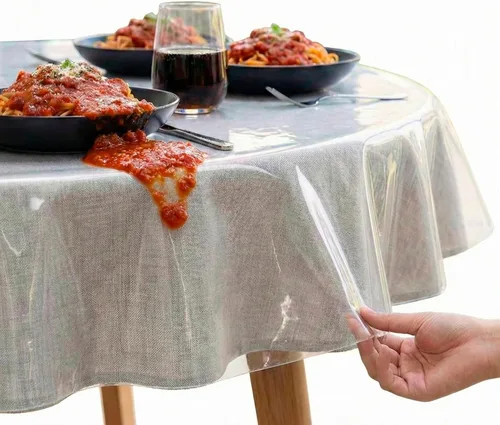 Vista 13 de XFasten - Cubierta de mesa de plástico transparente de 54 x 54 pulgadas, protector de mantel de vinilo de plástico transparente, impermeable, a