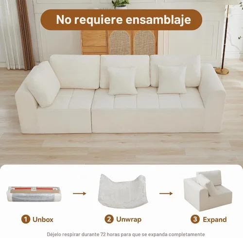 Vista 6 de Sofás seccionales modulares de 110 pulgadas para sala de estar, sofá seccional comprimido sin hueso, sofá de espuma viscoelástica tapizado de 3 Beige