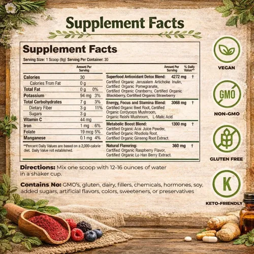 Vista 4 de Organic Muscle Superfood Reds para energía natural y salud de la piel Batido de jugo rojo orgánico USDA Vegano, ceto, sin OMG, sabor a bayas