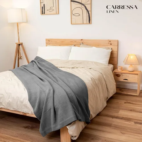 Vista 5 de Carressa Linen Manta de Algodón Puro de Lujo, Tamaño Queen, Color Gris Oscuro, con Patrón de Espiga, Ligera, Suave y Acogedora, Manta Premium