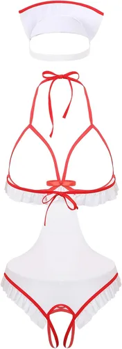 Vista 2 de Sxiwei Conjunto de lencería de cosplay para mujer, ropa de dormir para enfermera, juego de rol, body de peluche