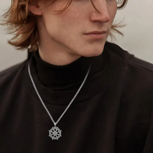 Vista 3 de KINGWHYTE Compass Necklace 925 Sterling Silver Mens Jewelry Pendant Necklace Black Necklace for Men Boys with Leather Cord Length 50cm