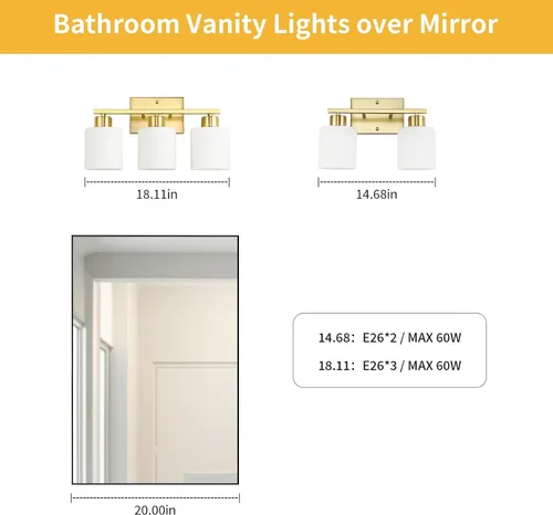 Vista 3 de WILON 2 luces doradas cepilladas, accesorios de iluminación de tocador de baño con pantallas de vidrio esmerilado blanco leche, modernas luces