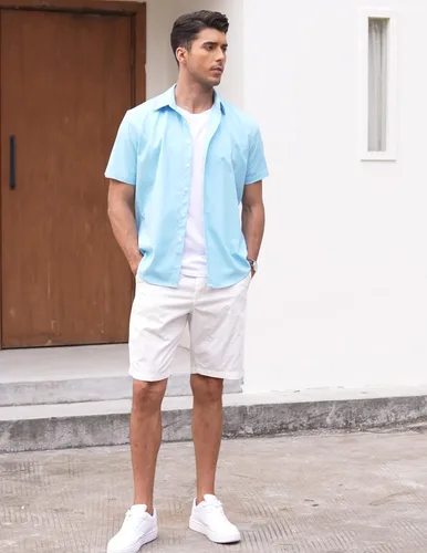 Vista 2 de COOFANDY Camisas casuales de lino de manga corta con botones para hombre