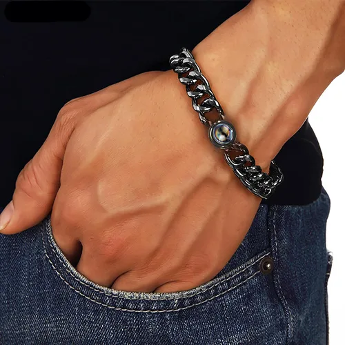 Vista 7 de Pulsera de fotos personalizada para hombres y mujeres, pulsera de proyección de fotos con círculo personalizado, pulsera de eslabones cubanos