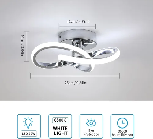 Vista 2 de Lámpara de Techo LED Moderna, Lámpara de Techo de 22W LED 6500K Blanco Frío Diseño Espiral para Pasillo de Corredor Balcón Cocina (Plateado)