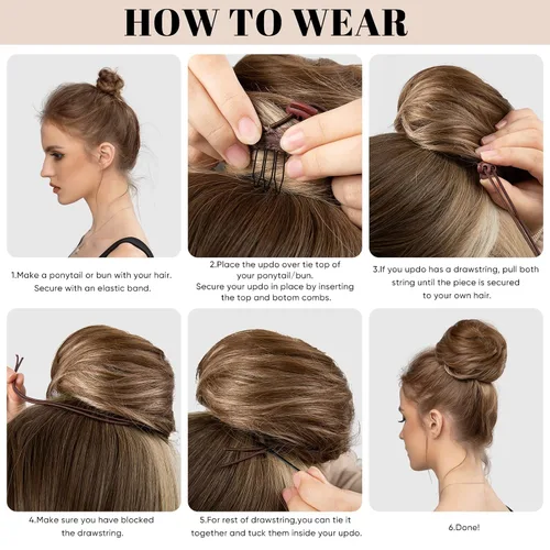 Vista 6 de SARLA Extensiones de moño de pelo falso para mujer, sintético, recogido, con cordón, moño de ballet, piezas de cabello color castaño medio Castaño