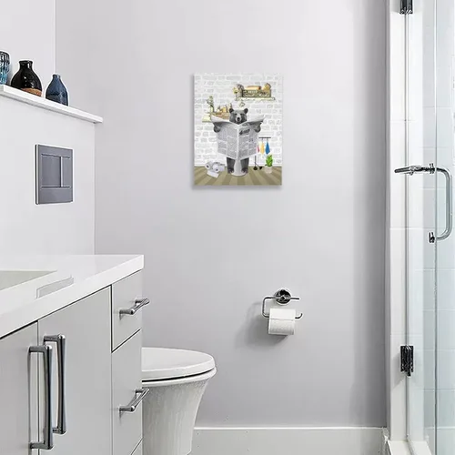 Vista 2 de Fuzawet Arte de pared de oso para decoración de baño, lienzo de lectura de periódico, negro en el inodoro, imágenes divertidas de animales