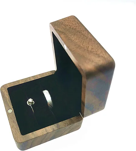 Vista 4 de LXSINO Caja de madera para anillos, 2 ranuras, caja de regalo para anillos de joyería, caja de regalo para anillo vintage, para ceremonia de boda