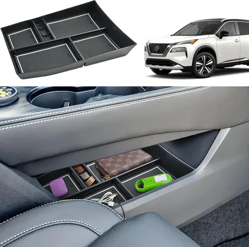 Vista 8 de Organizador de reposabrazos 2021-2024 2025 para Nissan Rogue (S/SV/SL/Platinum/Rock Creek), organizador de consola central de plástico ABS y goma