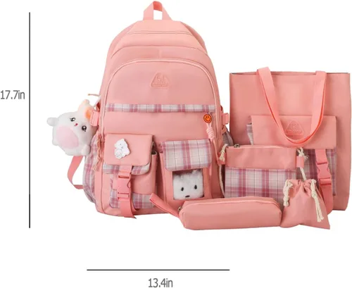 Vista 6 de HCOOLE Mochila Kawaii de 5 piezas con bonitos colgantes de felpa e insignia, mochila escolar de alta capacidad de 19 galones, bonita mochila