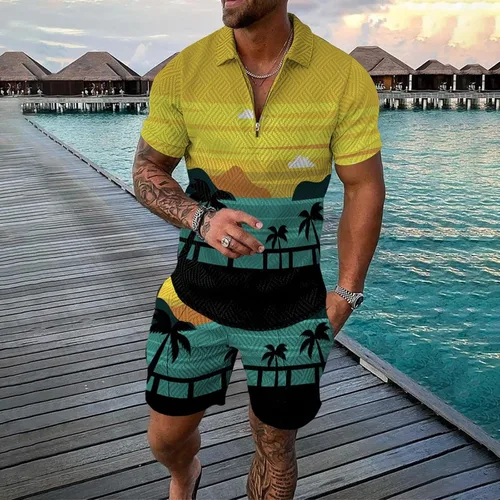 Vista 2 de Conjunto deportivo de 2 piezas para hombre, camiseta polo y pantalón corto, con cremallera de un cuarto, casual, elegante, grande y alto