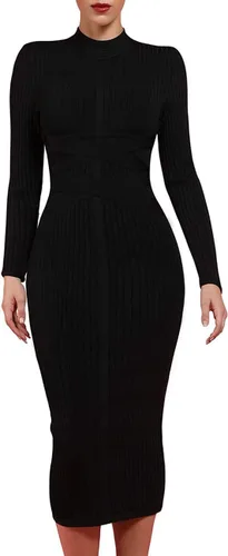 Vista 2 de UONBOX Vestido de manga larga para mujer, con tirantes cruzados, acanalado, para club, fiesta, midi