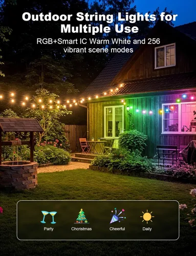 Vista 2 de Tira de luces para exteriores con control remoto, 118 (98 + 12) pies, RGB+IC+luz blanca cálida para exteriores, 36 bombillas LED, no extensibles