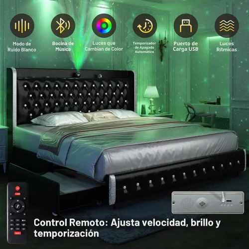 Vista 3 de GEGOFORU Base de cama Queen con luces LED y proyector de galaxia, moderna plataforma con respaldo alado con 4 cajones de almacenamiento, puertos