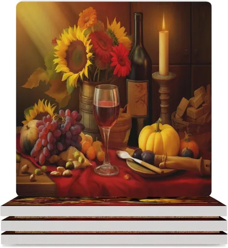 Vista 11 de 4 posavasos de vino tinto, cuadrados y modernos posavasos absorbentes de cerámica, estilo de pintura al óleo, vintage, vino tinto, uvas, rosa