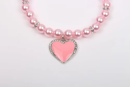 Vista 6 de Collar de perlas de perro y gato con diamantes de imitación, dije de corazón con dije de corazón para mascotas y cachorros (S, rosa)