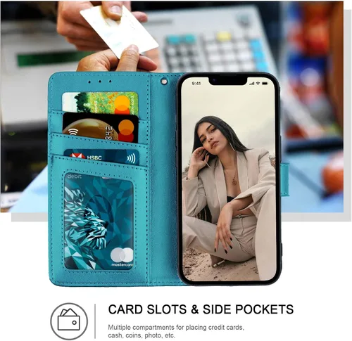Vista 2 de Funda tipo cartera para iPhone XR, [bloqueo RFID] Soporte para 3 tarjetas con ranura para tarjeta de crédito Funda protectora magnética de piel Azul