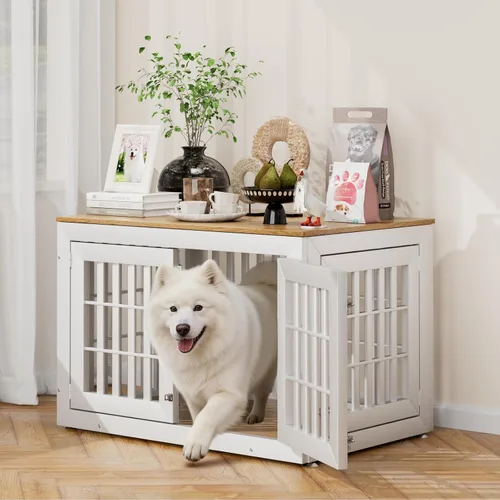 Vista 12 de Snuowu Mueble de jaula de perro resistente de 26 pulgadas para perros pequeños, medianos y grandes, jaula rústica de madera para perros, muebles