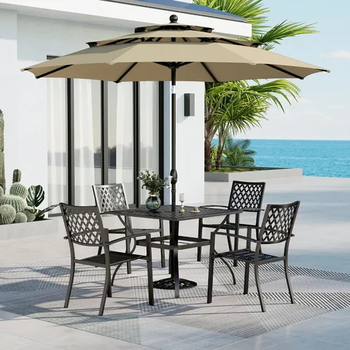 Vista 13 de MFSTUDIO Juego de mesa de comedor para patio al aire libre con paraguas, 4 sillas giratorias y 1 x 37 cuadrado Bistro forjado Iorn Slat mesa grande