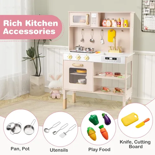 Vista 6 de Costzon Cocina de Juego para Niños, Juego de Cocina Ajustable en Altura con Luces y Sonidos Reales, Microondas, Horno, Estufas, Fregadero y Grifo