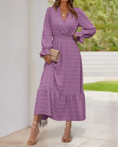 Vista 3 de BTFBM Vestidos de otoño 2023 para mujer, manga larga, cuello en V, lunares suizos, vestido largo bohemio, vestido largo de cintura alta, vestido