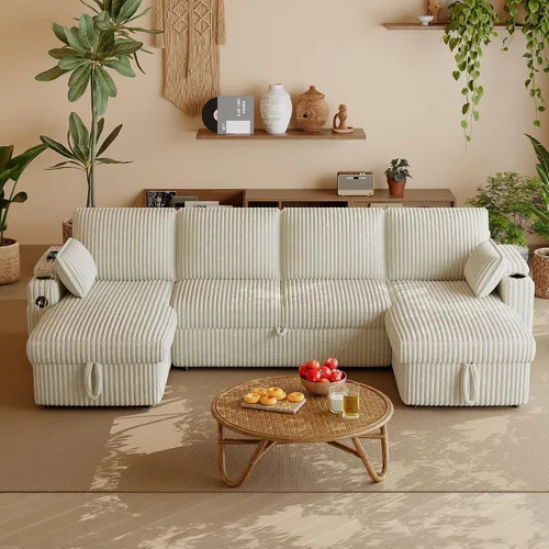 Vista 10 de Wrofly - Sofá cama de felpilla 3 en 1, sofá biplaza extraíble, beige y blanco Blanco beige