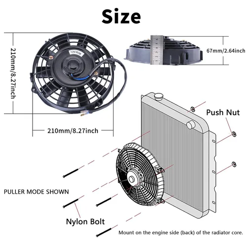 Vista 2 de Juego de 2 ventiladores eléctricos universales delgados, tire/empuje, 7 pulgadas, negro, 12V 80W, kit de montaje de alto rendimiento para radiador
