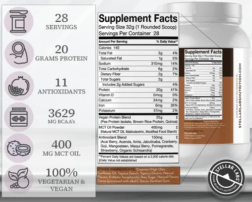 Vista 2 de Stellar Labs Proteína vegana en polvo con BCAA y antioxidantes Certificado bajo en FODMAP, sin OMG, sin gluten, sin soja, bajo en carbohidratos