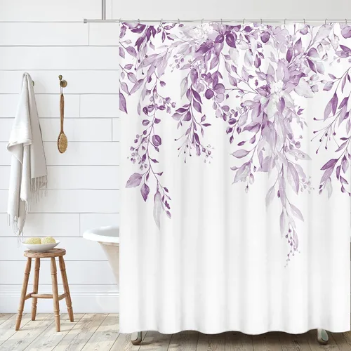 Vista 36 de Tititex - Juego de cortinas de ducha de eucalipto negro, hojas de acuarela gris en la parte superior, con decoración floral de baño, 60 x 72