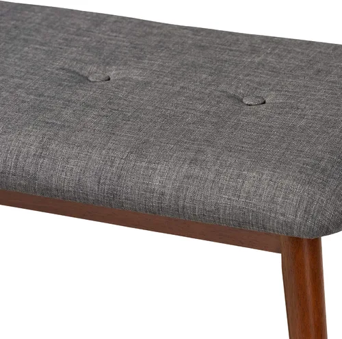 Vista 5 de Baxton Studio Flora II Mid-Century - Banco de comedor de madera con acabado de roble medio, tapizado de tela gris oscuro