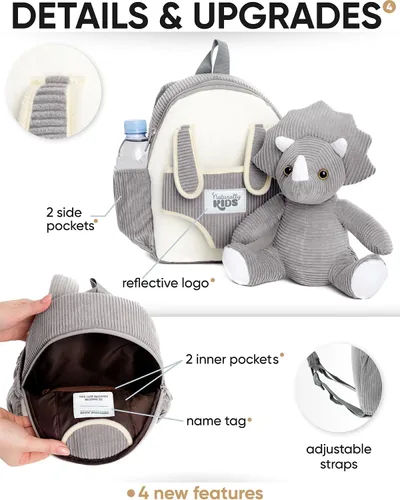 Vista 5 de Naturally KIDS Mochila para niños pequeños, Pequeño de 10 "h Triceratops Grey, 10.0 in H Small