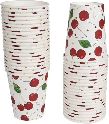 Vista 9 de Geeklife Vasos de papel de cereza dorada, 9 onzas de papel de cerezas, frutas y cerezas, desechables, vasos de papel decorativos a granel, 40