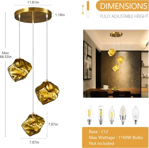 Vista 7 de Modernas luces colgantes doradas para isla de cocina, mini lámparas colgantes de vidrio, lámpara creativa de imitación irregular con forma de piedra