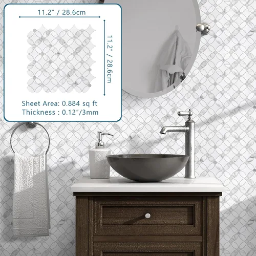 Vista 2 de SUNWINGS Azulejos Autoadhesivos de Moneda de Despegar y Pegar de 10 Hojas con Chorro de Agua para Salpicadero, Paneles de Pared de Mármol Blanco