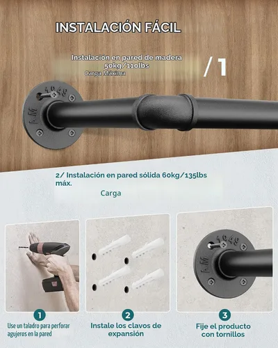 Vista 5 de OROPY Perchero industrial de tubería de 21.2 pulgadas, juego de 2, barra de ropa de hierro negro resistente para montaje en la pared, barra
