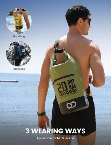 Vista 5 de Lamicall - Bolsa seca impermeable con bolsa para teléfono – 5L/10L/20L/30L/40L Mochila flotante para kayak, barco, playa, camping, pesca, saco seco