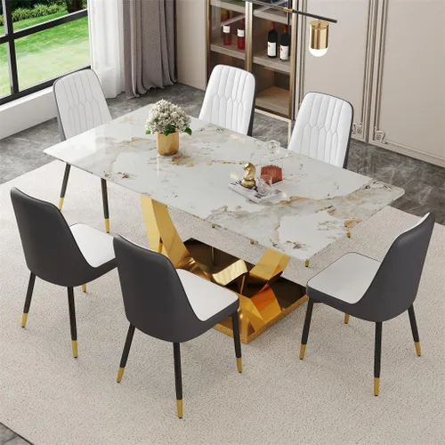 Vista 15 de Juego de mesa de comedor para 4, mesa de comedor de mármol sintético de 63 pulgadas con patas y base de acero inoxidable, sillas acolchadas