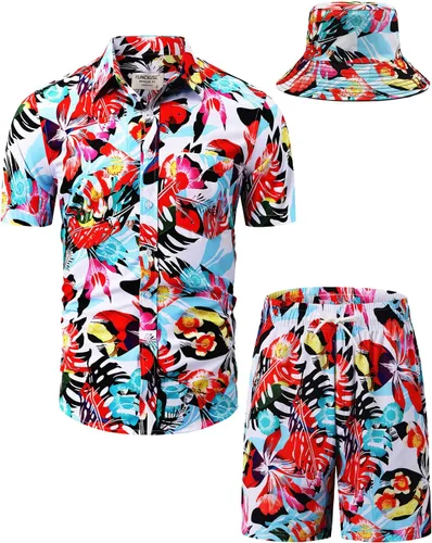 Vista 46 de TUNEVUSE Conjunto de camisas y pantalones cortos hawaianos para hombre, 2 piezas, trajes de playa con estampado de flores, traje tropical de verano