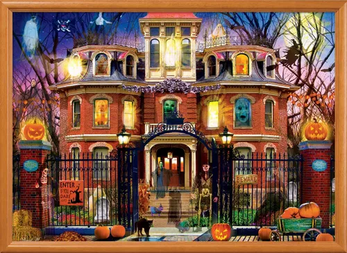 Vista 7 de MasterPieces Rompecabezas de Halloween de 1000 piezas, casa embrujada en la colina, colores llamativos del equipo, material reciclado, adolescente