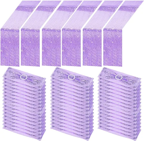 Vista 9 de Newwiee 54 cintas de lentejuelas negras para sillas y caminos de mesa, 48 lazos de lentejuelas para silla, 6 caminos de mesa con purpurina