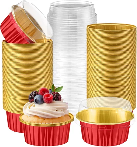 Vista 21 de Paquete de 200 forros de aluminio para cupcakes con tapas, color negro, liso 5 oz Round Baking Cup, Disposable Ramekin Container, Wedding