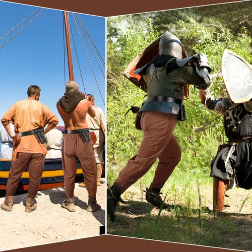 Vista 4 de 3 unidades de pantalones pirata renacentista para hombre, para Halloween, medievales, pirata, con bandas de tobillo, cinturón vikingo para pirata