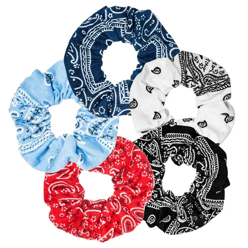Vista 12 de Juego de bandas elásticas a cuadros azules - 5 bandas para el cabello tipo bandana para mujer