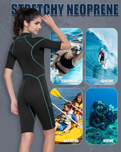 Vista 5 de Traje de neopreno corto para mujer, de 3 mm con cremallera frontal para buceo, snorkel, surf, natación