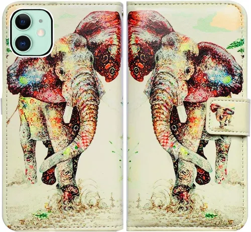 Vista 15 de Bcov Funda para iPhone 11, funda de piel con tapa y función atril para iPhone 11, diseño de flores y mariposas azules