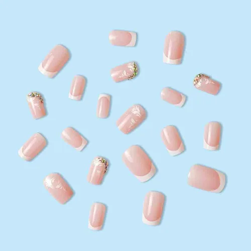 Vista 3 de Foccna Uñas postizas a presión de color rosa medianas, uñas postizas blancas brillantes, uñas postizas cuadradas acrílicas, uñas artificiales